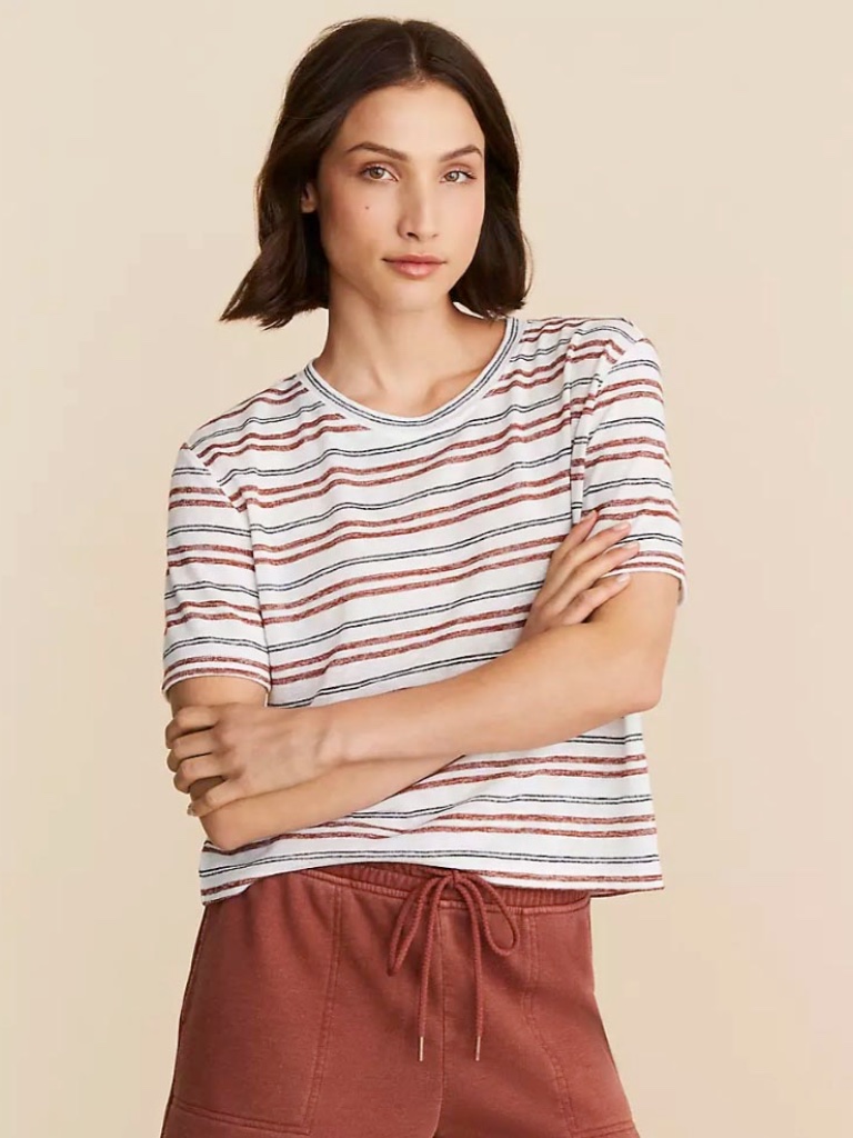 Loft Lou & Grey Striped Short Sleeve Linen Blend Crewneck Top - Sz L